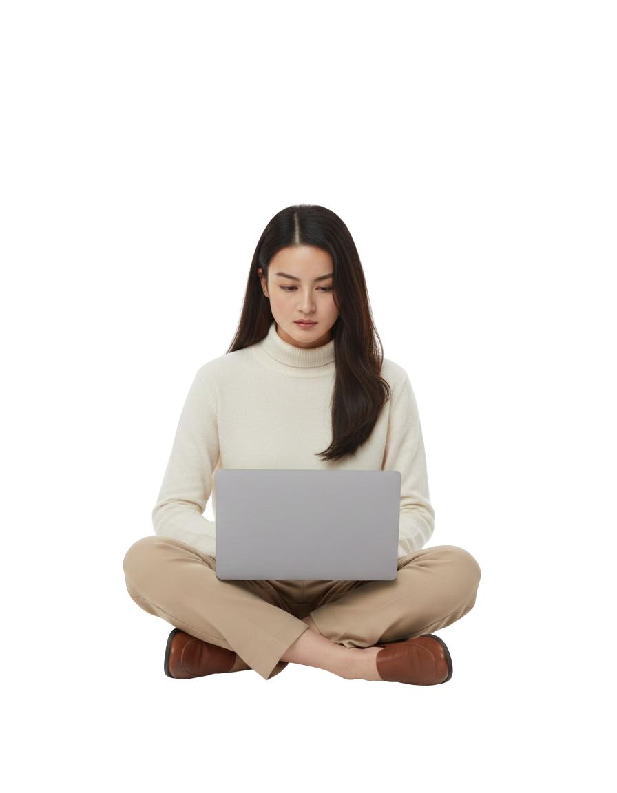 Mishael Vallar sitting cross-legged while working on a laptop